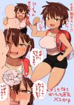  1boy 1girl backpack bag blush breasts brown_eyes brown_hair closed_eyes coffee-milk-moumou faceless faceless_male fang hair_ornament hairclip heavy_breathing highres implied_sex large_breasts midriff oppai_loli original randoseru short_hair short_shorts shorts simple_background skindentation sweat tan tanline tomboy translated 