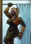  2021 5_fingers abs anthro arche_kruz arm_wraps athletic athletic_anthro athletic_female big_breasts blonde_hair breasts brown_body brown_fur brown_nose chest_tuft claws clothed clothing cybernetics cyborg digital_media_(artwork) fangs female finger_claws fingers freya_manibrandr fur gulonine hair hi_res humanoid_hands looking_at_viewer machine mammal muscular muscular_anthro muscular_female mustelid musteline navel portrait shower shower_curtain signature skinsuit smile solo standing teeth three-quarter_portrait tight_clothing topwear tuft vest wolverine wraps 