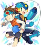  2boys :d ;) arm_cannon back-to-back black_bodysuit black_shorts blue_footwear blue_headband blue_headwear blush bodysuit boots brown_eyes brown_hair brown_vest clenched_hand commentary_request dated green_eyes grin happy headband helmet holding iroyopon lan_hikari_(mega_man) leg_up long_sleeves looking_at_viewer looking_back male_focus mega_man_(series) mega_man_battle_network megaman.exe multiple_boys netnavi one_eye_closed open_mouth personal_terminal shirt shorts signature smile spiked_hair upper_teeth vest weapon white_background white_shirt 