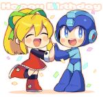  1boy 1girl :d ^_^ android blonde_hair blue_bodysuit blue_eyes blue_footwear blue_headwear bodysuit boots chibi closed_eyes commentary_request confetti dress english_text eyebrows_visible_through_hair full_body green_ribbon hair_between_eyes hair_ribbon hands_together happy happy_birthday helmet iroyopon long_hair long_sleeves looking_at_viewer mega_man_(character) mega_man_(classic) mega_man_(series) open_mouth ponytail red_dress red_footwear ribbon roll_(mega_man) smile standing upper_teeth white_background 