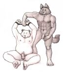  2005 anthro balls bound canid canine canis duo erection genitals humanoid_genitalia humanoid_hands humanoid_penis male male/male mammal moobs muscular muscular_male nipples osos overweight overweight_male penis simple_background traditional_media_(artwork) ursid white_background wolf 
