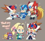  ! +++ 3boys 3girls :d :o ? alia_(mega_man) android armor axl_(mega_man) bangs blonde_hair blue_bodysuit blue_eyes blunt_bangs blush_stickers bodysuit box brown_hair closed_eyes closed_mouth coat commentary_request dated english_text facing_another flower forehead_jewel fur-trimmed_coat fur_trim gift gift_box giving green_eyes grey_background hair_over_eyes hand_up hands_clasped happy headgear headset helmet hime_cut holding holding_box holding_gift iroyopon layer_(mega_man) long_hair looking_at_another looking_away looking_down mega_man_(series) mega_man_x8 mega_man_x_(character) mega_man_x_(series) mole mole_under_eye multiple_boys multiple_girls notice_lines official_alternate_costume open_mouth own_hands_together pallette_(mega_man) pink_flower ponytail purple_hair red_headwear robot_ears signature smile spiked_hair sweatdrop thank_you twintails white_coat zero_(mega_man) 