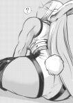  1girl ? animal_ears ass bare_shoulders boku_no_hero_academia bunny_ears bunny_tail commentary_request dot_mouth from_behind greyscale highres leotard long_hair looking_back mirko monochrome muscular muscular_female nstime23 sitting solo spoken_question_mark tail thighhighs very_long_hair 