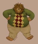  2016 anthro belly bottomwear brown_body brown_fur clothing felid fur lion male mammal osos overweight overweight_male pantherine pants simple_background sweater topwear 
