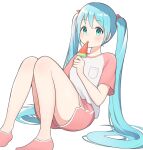  1girl 1ssakawaguchi :o absurdres alternate_costume aqua_eyes aqua_hair food hatsune_miku highres long_hair open_mouth popsicle shorts solo twintails very_long_hair vocaloid watermelon_bar 