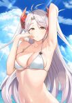  1girl :o antenna_hair arm_up armpits azur_lane bangs bikini blue_sky breasts cleavage cloud commentary eyebrows_visible_through_hair highres iron_cross light_rays long_hair looking_at_viewer medium_breasts ocean orange_eyes outdoors parted_lips prinz_eugen_(azur_lane) silver_hair sky solo string_bikini sunbeam sunlight swimsuit two_side_up wet white_bikini xiaoxiao_de_kuangsan 