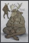  absurd_res anthro antlers balls border capreoline cervid genitals grey_border hi_res horn male mammal moose musclegut muscular muscular_male nipples nude piercing priscillasheep sitting solo tattoo 