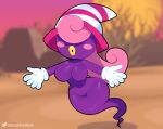  2020 big_breasts blush breasts clothing english_text featureless_breasts female ghost gloves hair hair_over_eyes handwear hat headgear headwear hi_res humanoid mario_bros nintendo not_furry nude open_mouth outside paper_mario pink_hair purple_body shadow shadow_siren solo somescrub spirit spread_arms text thick_thighs video_games vivian_(mario) wide_hips 