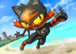  cloud commentary_request day fangs gen_7_pokemon kaosu_(kaosu0905) litten motion_lines no_humans open_mouth outdoors paws pokemon pokemon_(creature) sand shore signature sky solo toes tongue water 