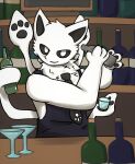 4_fingers alcohol anthro back_tentacles bar bartender beverage black_inner_ear black_pawpads black_sclera canid canine cephalopod changed_(video_game) claws clothed clothing coleoid decapodiform detailed_background finger_claws fingers front_view fully_clothed fur hi_res hybrid inside kemono looking_at_viewer male mammal marine martini_glass mollusk monotone_body monotone_fur neck_tuft necktie pawpads paws shot_glass smile solo squid_dog_(changed) standing tentacles tuft whip_collar white_body white_eyes white_fur wine_bottle 