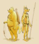  2009 anthro belly bottomwear bulge canid canine clothing duo humanoid_hands loincloth male mammal moobs navel nipples osos overweight overweight_male ursid weapon 