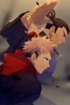  2boys arm_up black_eyes black_jacket cis05 closed_mouth facial_mark gakuran grin hair_pulled_back high_ponytail hood hood_down hoodie itadori_yuuji jacket jujutsu_kaisen long_sleeves looking_away male_focus multiple_boys open_hand pink_hair profile red_hoodie school_uniform short_hair smile spiked_hair toudou_aoi_(jujutsu_kaisen) undercut upper_body 