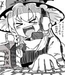  &gt;_&lt; 1girl bow braid bseibutsu commentary_request cookie_(touhou) drinking_straw fang greyscale hair_bow hat hat_bow headset keyboard_(computer) kirisame_marisa monochrome open_mouth single_braid smile solo touhou translation_request uzuki_(cookie) witch_hat 