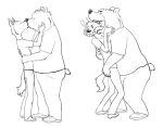 2012 anthro bottomwear canid canine clothing duo eyes_closed hug kissing licking male male/male mammal monochrome open_mouth osos overweight overweight_male pants shirt simple_background teeth tongue tongue_out topwear ursid white_background 