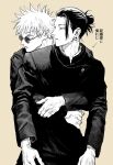  2boys absurdres brown_background closed_mouth cowboy_shot ear_piercing gakuran getou_suguru gojou_satoru greyscale hair_bun hair_pulled_back highres hk_(i2r) hug hug_from_behind jacket jujutsu_kaisen long_sleeves looking_away male_focus monochrome multiple_boys piercing profile round_eyewear school_uniform short_hair simple_background spiked_hair standing sunglasses translation_request 