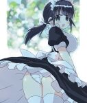  1girl :o apron ass black_eyes black_hair blurry blurry_background blush breasts highres large_breasts maid maid_apron maid_headdress naitou_kouse original panties ponytail puffy_short_sleeves puffy_sleeves short_sleeves solo thighhighs underwear white_legwear wind wind_lift 