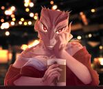  absurd_res argonian bar bethesda_softworks clothed clothing cup depth_of_field digital_media_(artwork) digital_painting_(artwork) doughtea female glistening glistening_body head_on_hand hi_res holding_cup holding_object looking_at_viewer lust lusty_argonian_maid off_shoulder pink_body pink_scales red_eyes reptile scales scalie shaded solo solo_focus teeth_showing the_elder_scrolls video_games white_undershirt 