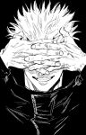  1boy covered_eyes facing_viewer gojou_satoru greyscale grin hands_over_eyes hands_up high_collar highres hk_(i2r) jacket jujutsu_kaisen male_focus monochrome short_hair simple_background sketch smile solo upper_body 