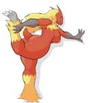  2020 3_toes 4_fingers anthro avian beak biped bird blaziken blue_eyes breasts butt claws danonymous digital_media_(artwork) feathers feet female fingers looking_back nintendo nipples non-mammal_breasts pok&eacute;mon pok&eacute;mon_(species) pose rear_view red_body red_feathers scuted_arms simple_background smile solo standing stretching tail_feathers talons toes video_games white_background yellow_body yellow_feathers yellow_sclera 