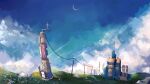  absurdres antennae blue_sky building cliff cloud cloudy_sky crescent_moon day flower fuyunoyuki grass highres landscape moon nature no_humans original outdoors power_lines rock scenery sky utility_pole 