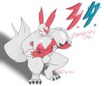  2021 absurd_res anthro barefoot bulge claws feature feet fur hi_res huge_pecs licking licking_lips male nintendo nipples nude pecs pok&eacute;mon pok&eacute;mon_(species) red_body red_eyes red_fur rxq solo tongue tongue_out video_games white_body white_fur zangoose zangoose_day 
