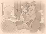  anthro balls bed big_balls breakfast_in_bed canid canine canis cereal cuddling duo eating food fox furniture genitals girly hi_res hug male male/male mammal monochrome muscular nude pecs pillow sepia silveredge size_difference wolf 