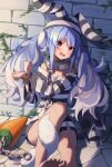  1girl absurdres against_wall animal_ears bangs bare_shoulders barefoot blue_hair blush bound bound_wrists braid bunny_ears chain collar dot_nose eyebrows_visible_through_hair feet_out_of_frame hair_between_eyes highres hikimayu hololive knee_up long_hair long_sleeves looking_at_viewer no_pants off-shoulder_shirt off_shoulder open_mouth orange_eyes parted_bangs prison_clothes rabbit_girl rope shirt short_eyebrows sidelocks sitting skull solo sooon stone_wall striped striped_headwear striped_shirt thick_eyebrows torn_clothes twin_braids upper_teeth usada_pekora virtual_youtuber wall white_hair 