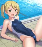  1girl black_swimsuit blonde_hair breasts commentary_request competition_swimsuit green_eyes hashi looking_at_viewer lying one-piece_swimsuit original pool poolside short_hair small_breasts solo spread_legs swimsuit twintails water 