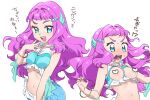  1girl :d blue_eyes blush bracelet breasts censored commentary_request head_fins heart heart_censor jewelry knhrpnkt laura_(precure) long_hair looking_at_viewer medium_breasts mermaid midriff monster_girl multiple_views navel open_mouth pink_hair precure simple_background smile solo teeth translation_request tropical-rouge!_precure upper_teeth white_background 