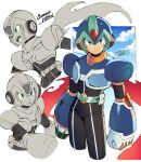  1boy android arm_cannon armor arms_at_sides belt black_bodysuit blue_headwear blue_sky bodysuit closed_mouth cloud commentary_request copyright_name cropped_legs dated english_text forehead_jewel green_eyes helmet iroyopon looking_at_viewer looking_to_the_side male_focus mega_man_(series) mega_man_x:_command_mission mega_man_x_(character) mega_man_x_(series) multiple_views open_mouth partially_colored serious signature sky smile standing sweatdrop weapon white_belt 