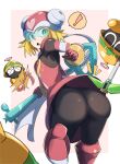  ! 1girl ass ass_focus blonde_hair blush gin_moku gloves guitar helmet highres instrument long_hair mega_man_(series) mega_man_star_force musical_note open_mouth short_hair sonia_strumm_(mega_man) spoken_exclamation_mark sweatdrop 