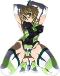  1girl absurdres akatsuki_kirika arms_up ass ass_visible_through_thighs blonde_hair breasts cameltoe full_body green_eyes green_leotard highres impossible_clothes impossible_leotard j.h. leotard looking_at_viewer medium_breasts puffy_nipples revision scythe senki_zesshou_symphogear shiny shiny_clothes shiny_hair shiny_skin short_hair simple_background skin_tight smile solo spread_legs striped striped_legwear thighs white_background 