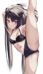  1girl absurdres ahoge armpits arms_up bangs bare_legs bare_shoulders black_bra black_hair black_shorts blush bra breasts collarbone commentary_request eyebrows_visible_through_hair hair_ribbon highres lace-trimmed_bra lace_trim legs long_hair looking_at_viewer medium_breasts mole mole_on_breast navel original purple_eyes purple_ribbon revision ribbon shirt shirt_lift short_shorts shorts sidelocks solo split standing standing_on_one_leg standing_split stomach torriet twintails underwear very_long_hair white_background white_shirt 