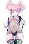  1girl blouse breasts cleavage double_bun gloves hair_ornament highleg hot_vr large_breasts mouth_hold navel nintendo_switch nintendo_switch_(personification) original paint_stains personification pink_eyes pink_hair see-through short_eyebrows simple_background solo standing white_background white_gloves wire 