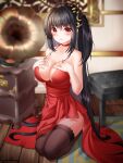  1girl absurdres ahoge azur_lane bangs bare_shoulders black_hair black_legwear blush breasts center_opening chair choker cocktail_dress collarbone dress eyebrows_visible_through_hair hair_between_eyes hair_ornament hands_on_own_chest highres hsxxx indoors large_breasts long_hair looking_at_viewer on_floor one_side_up phonograph red_choker red_dress red_eyes sash seiza side_slit sitting solo strap_gap taihou_(azur_lane) taihou_(forbidden_feast)_(azur_lane) thighhighs very_long_hair wooden_floor 