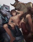  3boys anus arm_up artist_name blue_eyes blush brown_eyes brown_hair closed_mouth commission completely_nude cum erection furry glowing glowing_eyes grey_background grin hair_between_eyes highres hnav21 holding league_of_legends light_blue_eyes male_focus multiple_boys nasus navel nipples nude nunu open_mouth orange_eyes parted_lips penis precum simple_background smile spread_legs teeth volibear yaoi 