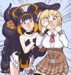  2girls black_choker black_gloves black_hair black_legwear blonde_hair blue_background blue_eyes blush brown_skirt choker collarbone emphasis_lines eyebrows_visible_through_hair fool_iketani fur-trimmed_choker fur_trim gloves gradient gradient_hair halo highres holding holding_magnifying_glass hololive hololive_english long_hair looking_at_viewer low_wings magnifying_glass medium_hair mini_wings monocle multicolored multicolored_hair multiple_girls necktie ninomae_ina&#039;nis open_mouth pocket_watch purple_eyes red_neckwear single_thighhigh skirt sweat tentacle_hair tentacles thighhighs tiara watch watson_amelia white_legwear wings 