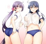  2girls akebono_(kancolle) ass bell black_hair blue_buruma blush breasts buruma commentary covered_nipples cowboy_shot eyebrows_visible_through_hair flower from_behind gradient gradient_background gym_shirt hair_bell hair_between_eyes hair_flower hair_ornament jingle_bell kantai_collection large_breasts long_hair looking_at_viewer looking_back multiple_girls navel nipples no_bra open_mouth pink_flower purple_eyes purple_hair revision rui_shi_(rayze_ray) see-through shirt side_ponytail spoken_blush standing ushio_(kancolle) white_shirt yellow_eyes 
