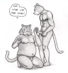  2005 anthro bulge clothing duo english_text erection felid genitals humanoid_genitalia humanoid_hands humanoid_penis male male/male mammal moobs muscular muscular_male nipples osos overweight overweight_male pantherine penis simple_background text tiger traditional_media_(artwork) underwear white_background 