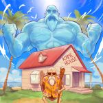  1boy absurdres andrew_goudreau bald beard blue_sky cane cloud day dragon_ball dragon_ball_(classic) dragon_ball_(object) english_commentary facial_hair hand_up highres holding holding_cane house kame_house large_pectorals looking_at_viewer male_focus muscular muscular_male muten_roushi old old_man orange_shirt outdoors palm_tree pectorals shirt shorts sky solo standing sunglasses tree waving white_hair white_shorts 