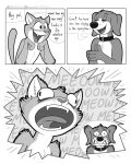  2021 absurd_res anthro bulging_eyes canid canine canis collar comic cross-popping_vein dialogue domestic_cat domestic_dog duo english_text felid feline felis greyscale hi_res humor male mammal meow monochrome multiple_scenes nik159 open_mouth open_smile screaming smile text url 