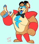  2021 anthro barazoku barefoot big_hands blue_background blue_body blue_fur blue_pawpads bodypaint bow_tie brown_body brown_fur chest_tuft claws clothing crotch_fluff face_paint fangs feet fist five_nights_at_freddy&#039;s five_nights_at_freddy&#039;s:_security_breach fur gesture glamrock_freddy_(fnaf) green_background half-closed_eyes hat headgear headwear hi_res looking_at_viewer male mammal manly multicolored_body muscular narrowed_eyes open_mouth pawpads paws pecs pointing pointing_up pose raised_arm rockstar sharp_claws sharp_teeth shoulder_guards simple_background single-eye smile solo standing tan_body teeth tongue toony top_hat tuft ursid video_games 