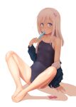  1girl alternate_costume bare_legs barefoot black_swimsuit blonde_hair blue_eyes blush breasts collarbone commentary_request eating eyebrows_visible_through_hair flower food full_body hair_flower hair_ornament jacket kantai_collection long_hair long_sleeves looking_at_viewer moose_(moosemitchell2) off_shoulder one-piece_swimsuit one-piece_tan popsicle ro-500_(kancolle) school_swimsuit simple_background sitting small_breasts solo spread_legs striped swimsuit swimsuit_under_clothes tan tanline white_background 