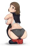  ass back black_panties blush breasts brown_eyes brown_hair chiyoda_(kancolle) headband highres kantai_collection large_breasts looking_at_viewer looking_back nikku_(nzaf5832) open_mouth panties sideboob squatting thighhighs torn_clothes underwear white_background zettai_ryouiki 