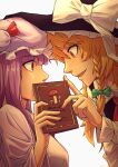  2girls absurdres bangs black_vest blonde_hair blunt_bangs book bow braid collared_shirt commentary covered_mouth eyebrows_visible_through_hair from_side green_bow green_ribbon hat hat_bow highres holding holding_book kirisame_marisa mob_cap multiple_girls mushroom open_mouth patchouli_knowledge profile purple_eyes purple_hair red_bow red_neckwear red_ribbon ribbon royl shirt simple_background single_braid touhou vest white_background white_bow white_ribbon white_shirt witch_hat yellow_eyes 