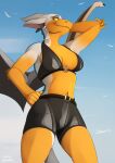  anthro belt bikini bikini_bottom clothing dragon female hi_res horn looking_at_viewer low-angle_view rubber sky solo spinal22 swimwear wings 