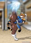  action_pose alternate_costume anthro asian_clothing blue_fire boots bracelet chinese_clothing clothing colored_fire dreamworks east_asian_clothing felid female fire footwear hair_buns hi_res jewelry kung_fu_panda legwear lollipopcon mammal master_tigress on_one_leg pantherine pantyhose patreon pose raised_leg shadow solo spiked_bracelet spikes standing striped_body striped_tail stripes text tiger url 