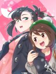  2girls :d arm_hug asymmetrical_bangs bangs black_choker black_hair black_jacket blush bob_cut brown_eyes brown_hair buttons cardigan choker collared_dress commentary_request dress earrings eyelashes gloria_(pokemon) green_eyes green_headwear grey_cardigan hair_ribbon hat highres jacket jewelry marnie_(pokemon) multiple_girls open_clothes open_jacket open_mouth pink_dress pokemon pokemon_(game) pokemon_swsh red_ribbon ribbon short_hair smile tam_o&#039;_shanter teeth tongue yu_yun yuri 