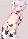  1girl alternate_costume animal_ears animal_print arm_up armpits bangs bell blush breasts closed_mouth collar cow_ears cow_print cowbell elbow_gloves fake_animal_ears fake_horns gloves grey_background horns mochi_(mochi444420) neck_bell purple_hair red_collar short_hair_with_long_locks simple_background skindentation small_breasts solo thighhighs twitter_username vocaloid voiceroid yuzuki_yukari 