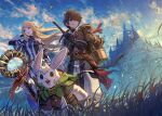  1girl 2boys animal_ears bird blonde_hair blue_eyes braid brown_eyes brown_hair bunny_ears elf fantasy gloves grass highres kuroi_susumu long_hair multiple_boys official_art outdoors pointy_ears rabbit_boy scenery sheath sheathed short_hair sky staff sword sword_world_2.5 weapon 